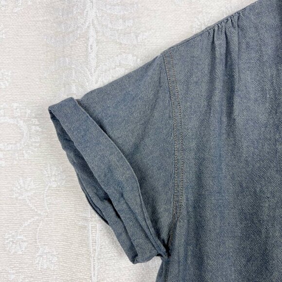 THE GREAT. chambray denim snap front blouse short roll cuff sleeves tie front - Picture 3 of 6